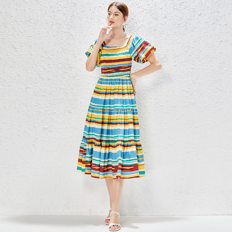 MALBUSAAT colorful striped elegant A line dress with puff sleeves and a square neckline
