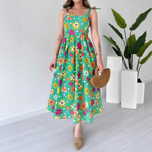Malbusaat off shoulder floral midi dress in vibrant colours with a flowy fit, perfect for summer outings