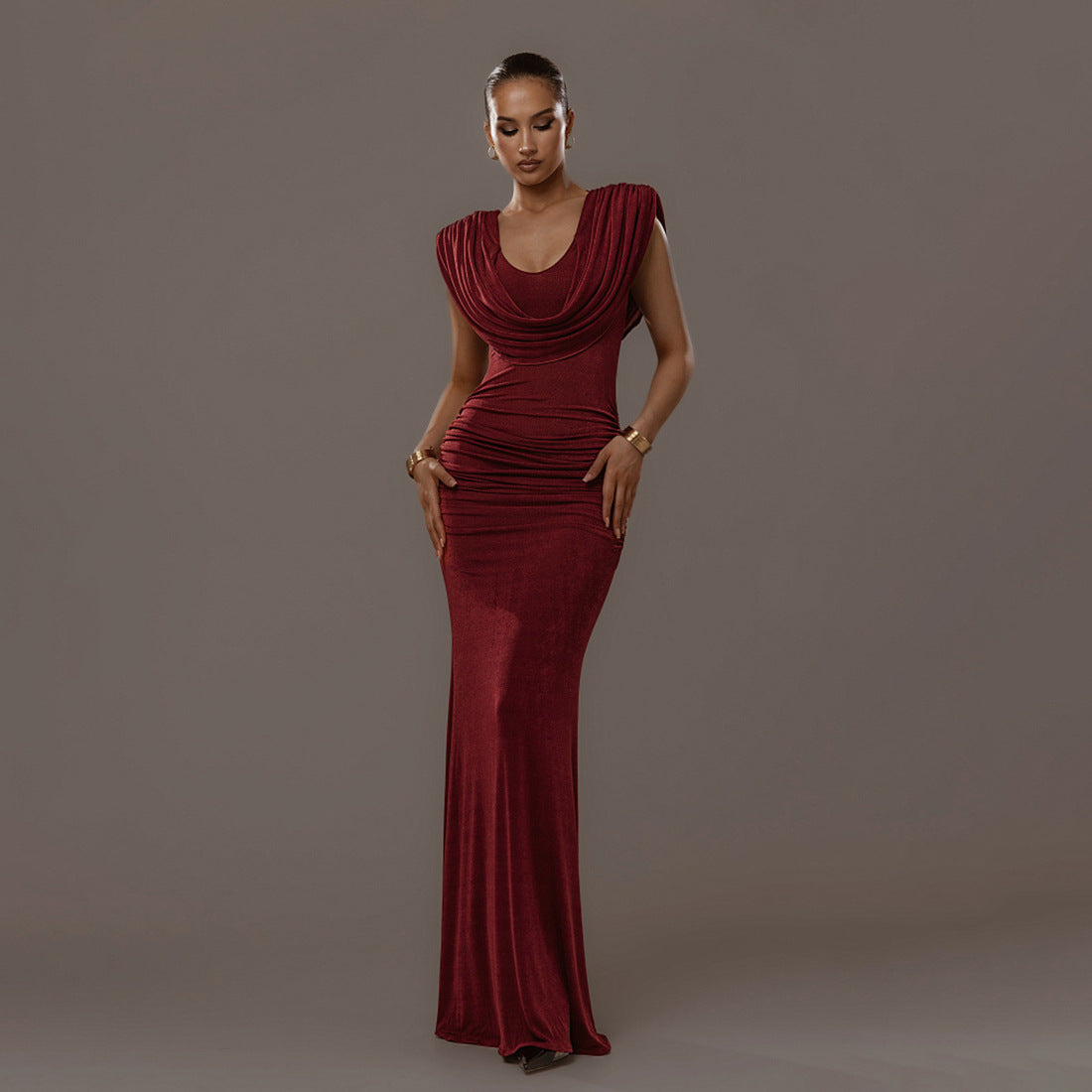 Elegant burgundy Cecil pleated maxi dress UK with flattering draped neckline for sophisticated occasions