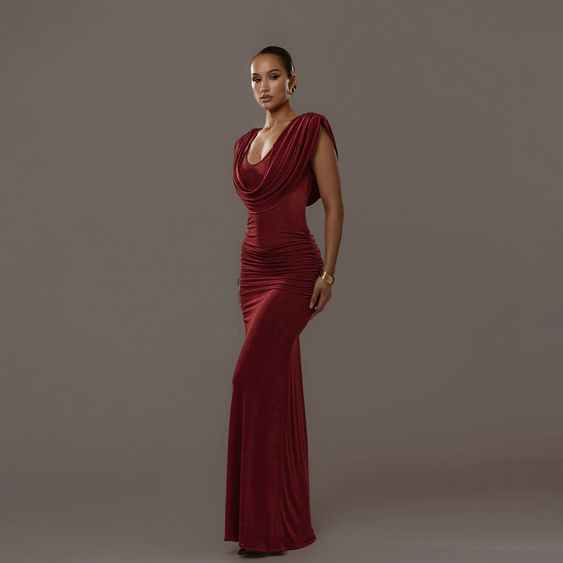 Cecil pleated maxi dress UK in burgundy with a flattering draped design for elegant occasions