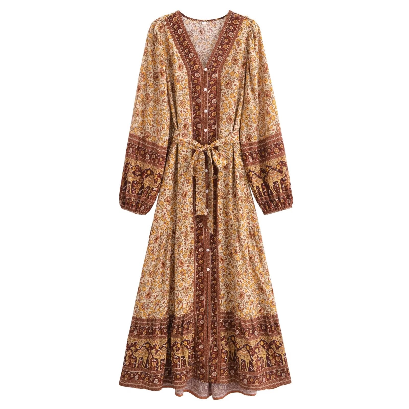 Malbusaat printed rayon maxi dress for women with long sleeves and intricate brown and yellow patterns