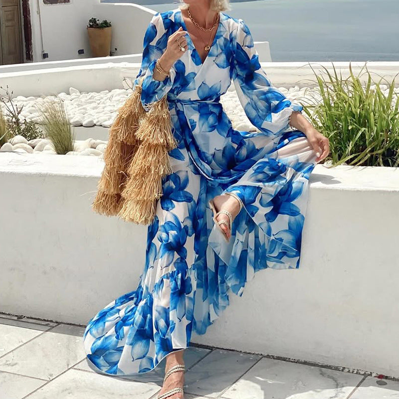 Malbusaat printed v neck tiered dress in blue floral design, perfect for summer outings