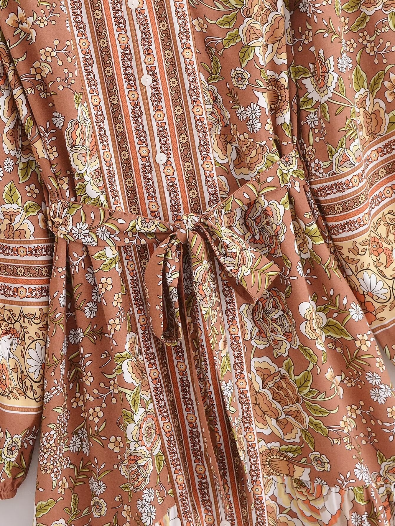 Malbusaat rayon printed long sleeve dress with floral and stripe patterns in earthy tones