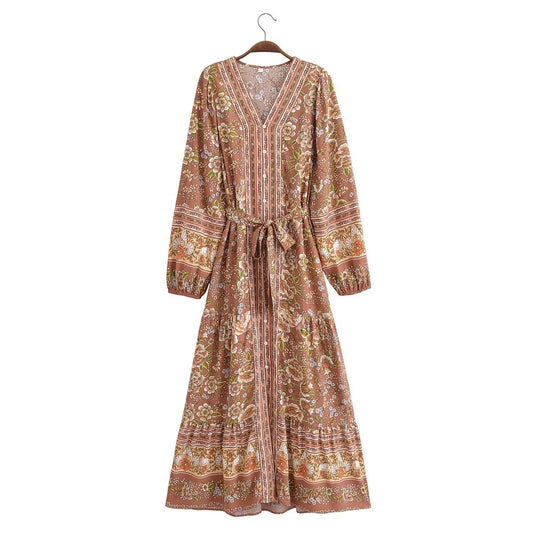 Malbusaat rayon printed long sleeve dress with floral pattern and tie waist in earthy tones