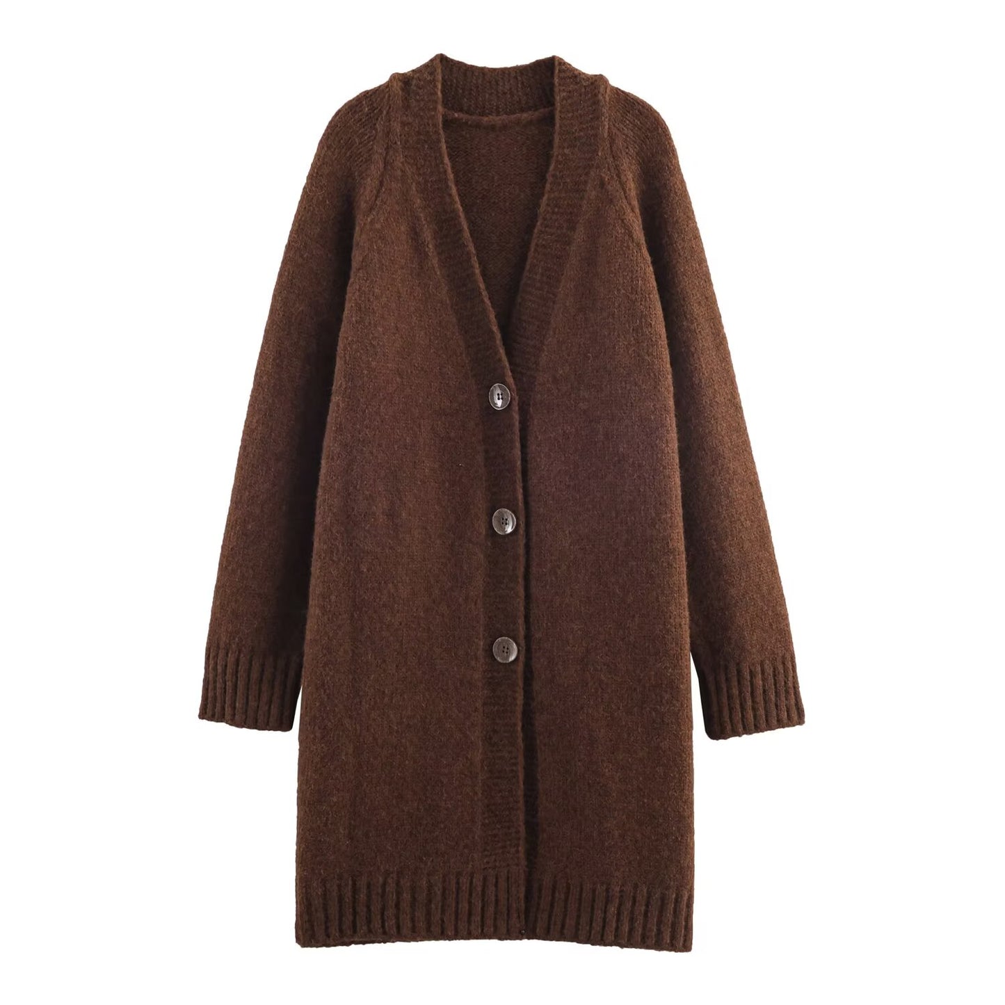 Malbusaat retro v neck knit cardigan in brown with button closure and long sleeves