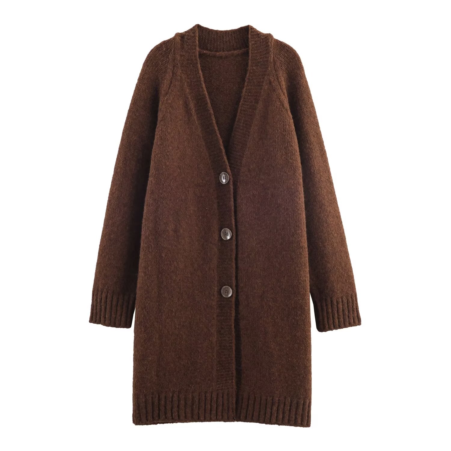 Malbusaat retro v neck knit cardigan in brown with button closure and long sleeves