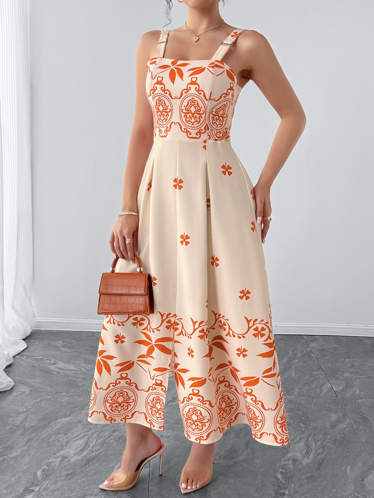 PLAYA retro waist maxi dress in cream with orange floral pattern, perfect for summer occasions