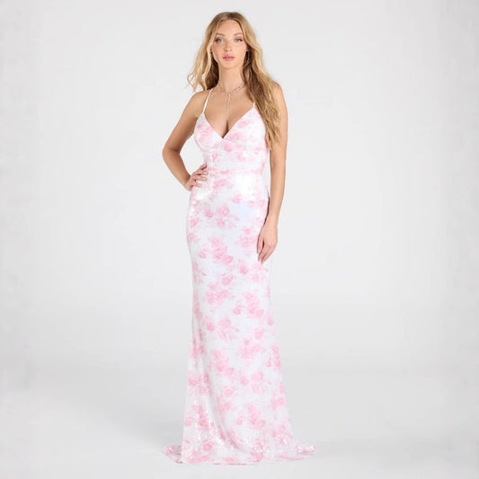 Pink Floral Sequin Evening Dress in - by Malbusaat