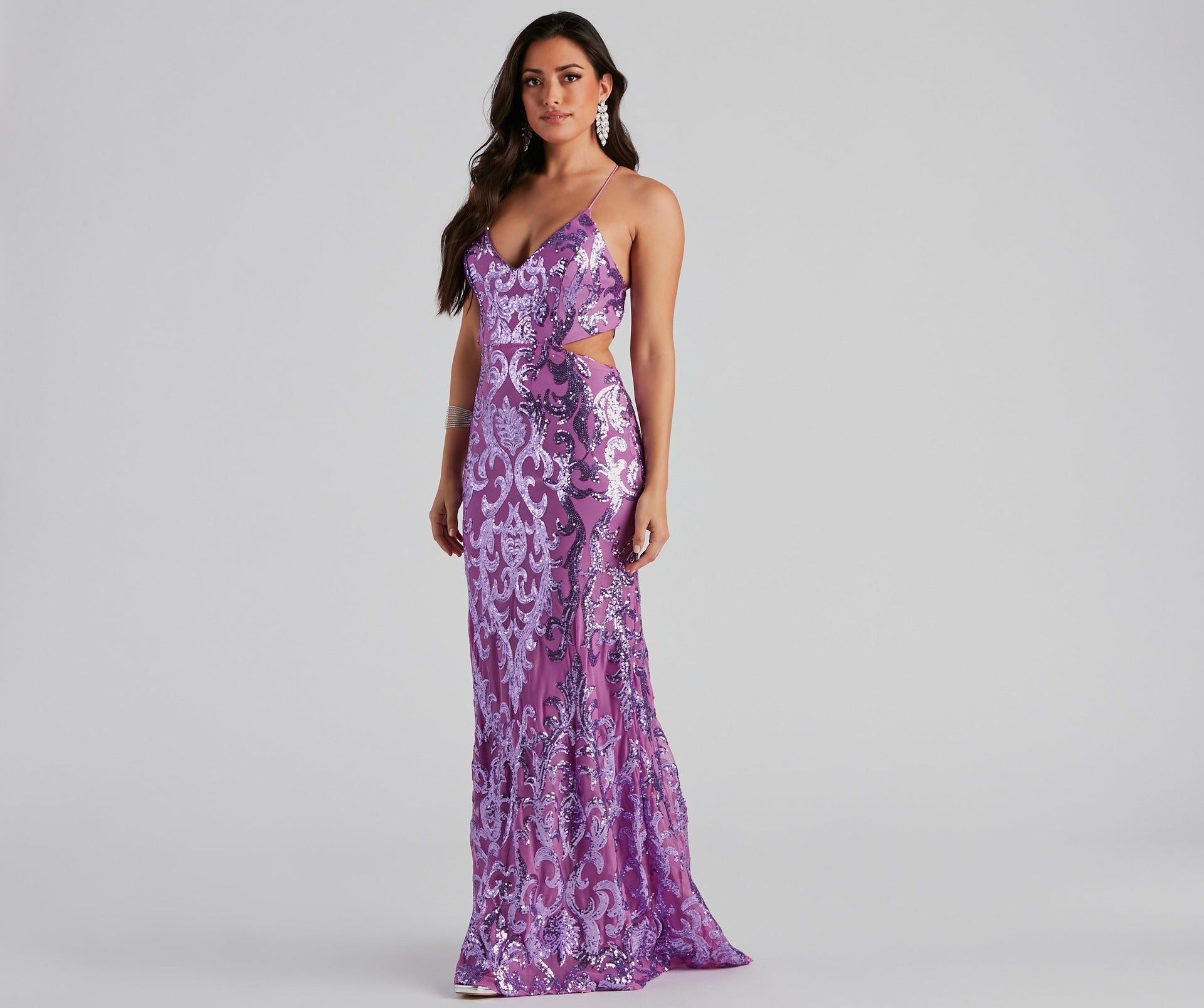 Elegant Malbusaat sequin party maxi dress in purple with stylish cutouts and shimmering details