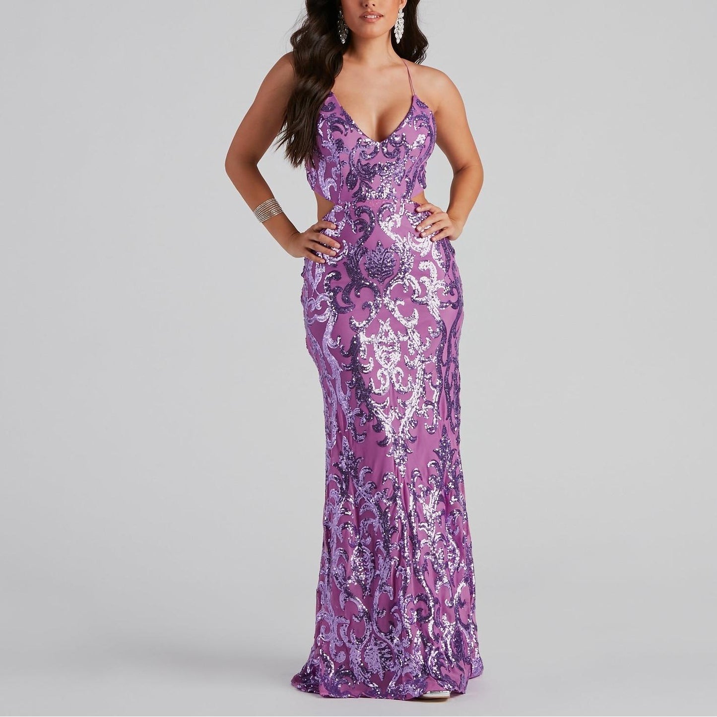 Malbusaat sequin party maxi dress in purple with intricate detailing and form-fitting silhouette