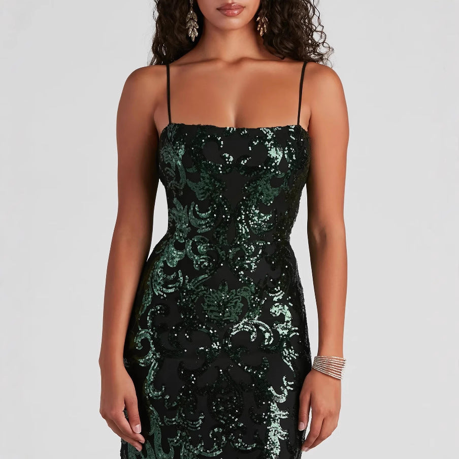 Elegant Malbusaat sequin sling formal maxi dress in green with intricate detailing and flattering fit