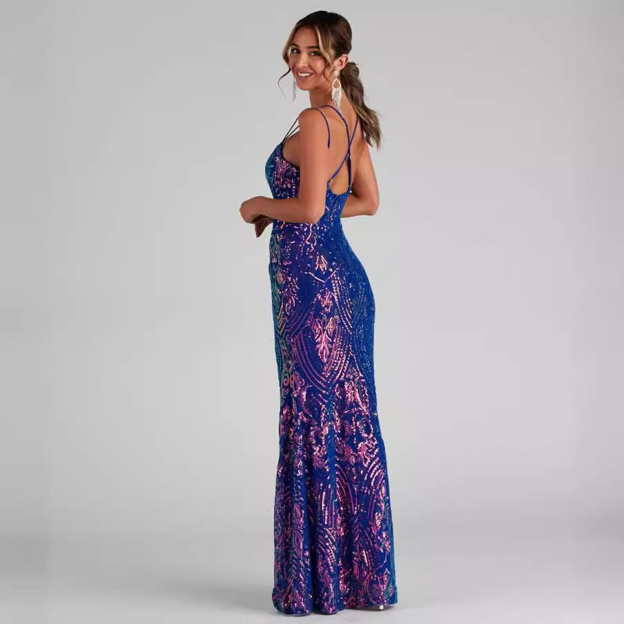 Elegant Malbusaat sequined slit evening dress in blue and pink with a flattering silhouette