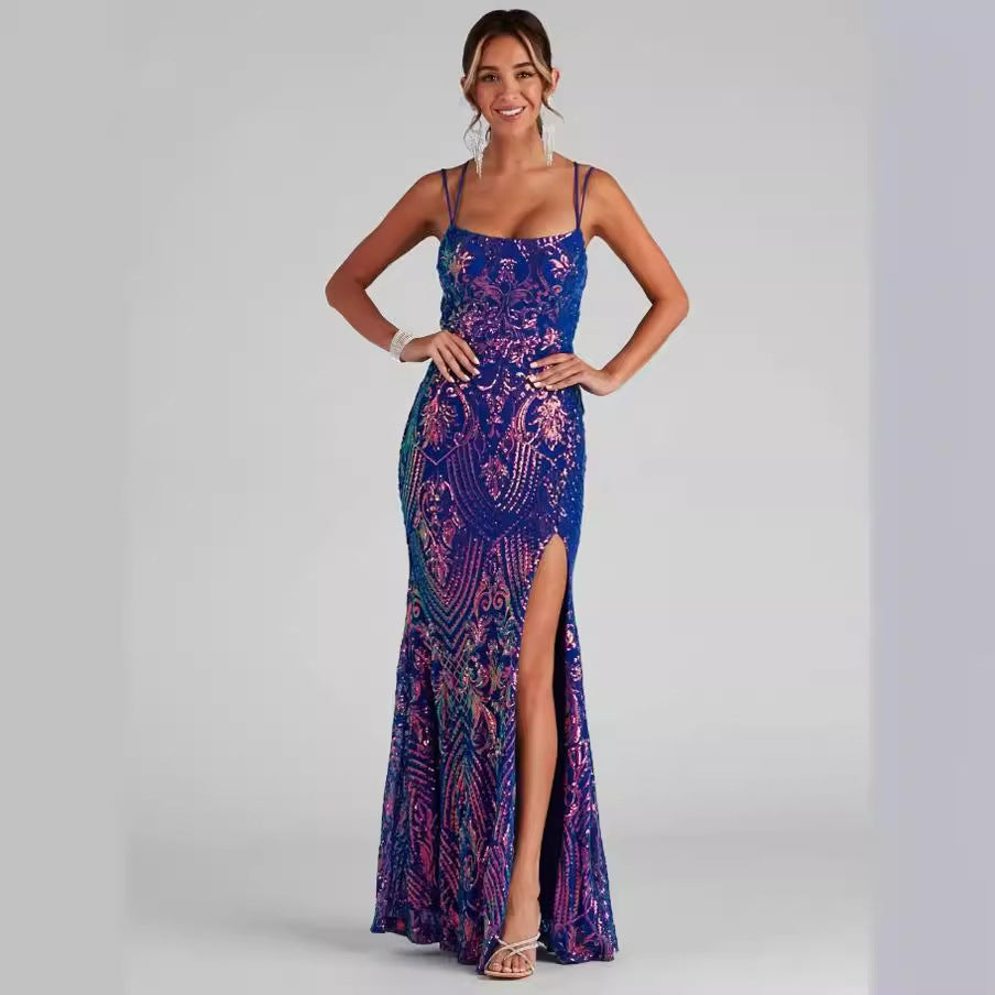 Malbusaat sequined slit evening dress in blue and pink with elegant details and a thigh-high slit