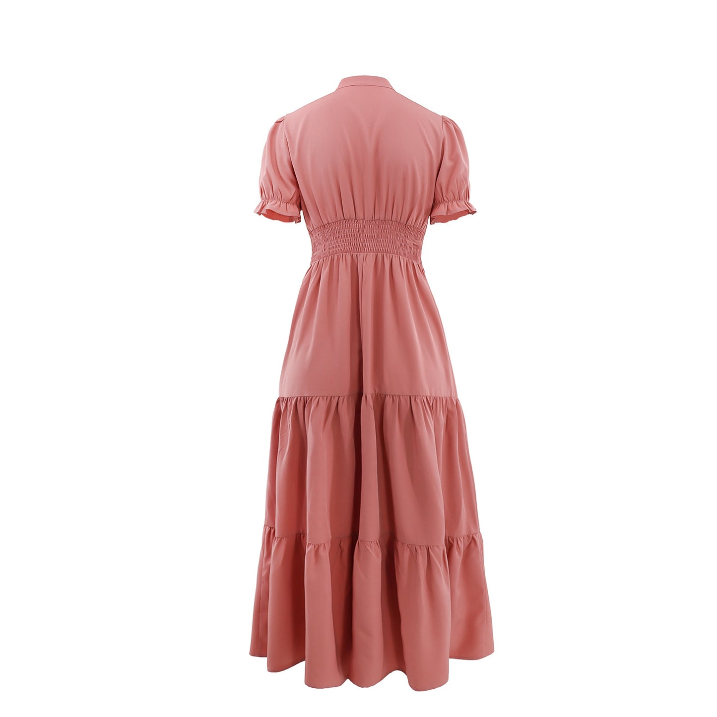Back view of Malbusaat solid v-neck maxi dress in dusty pink with puff sleeves and tiered skirt