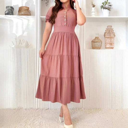 Malbusaat solid v-neck maxi dress in dusty pink with button details and tiered skirt