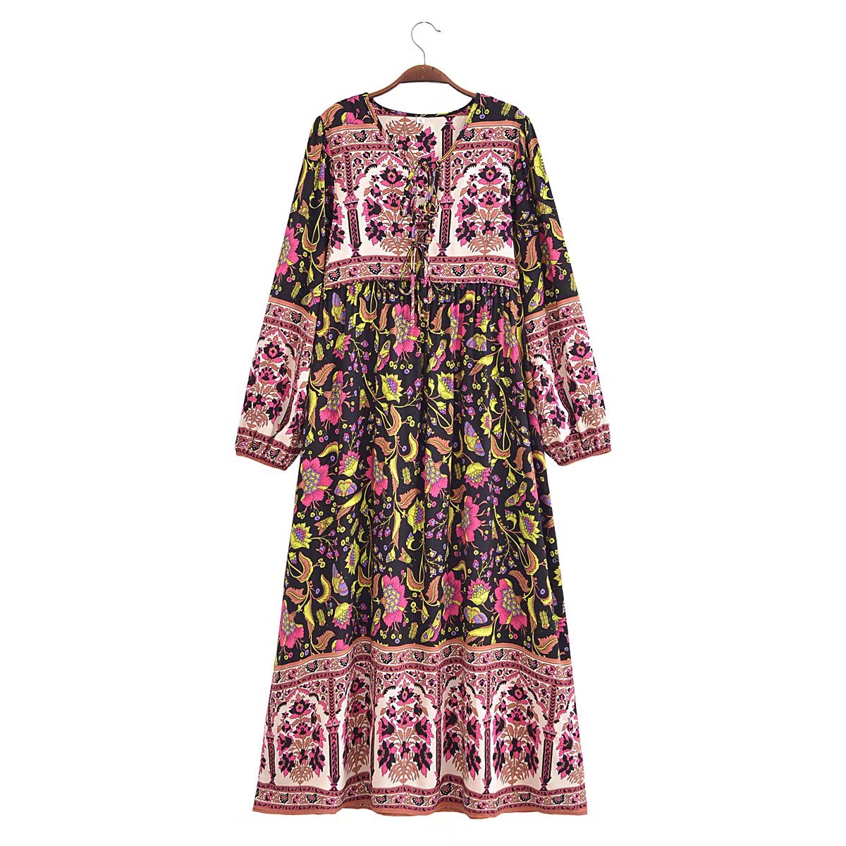 Malbusaat spring floral print maxi dress with long sleeves and vibrant pink and green floral patterns
