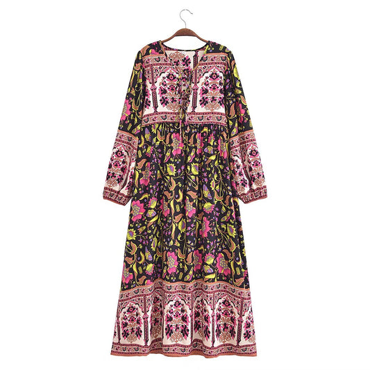 Malbusaat spring floral print maxi dress with long sleeves and vibrant pink and green pattern