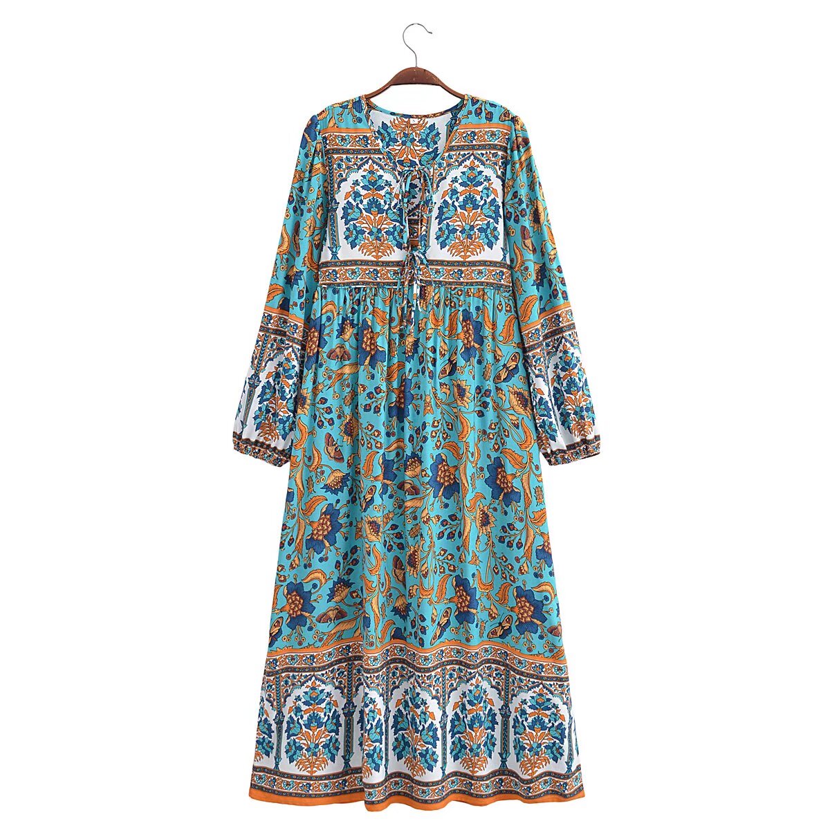 Malbusaat spring floral print maxi dress in blue with long sleeves and intricate flower patterns