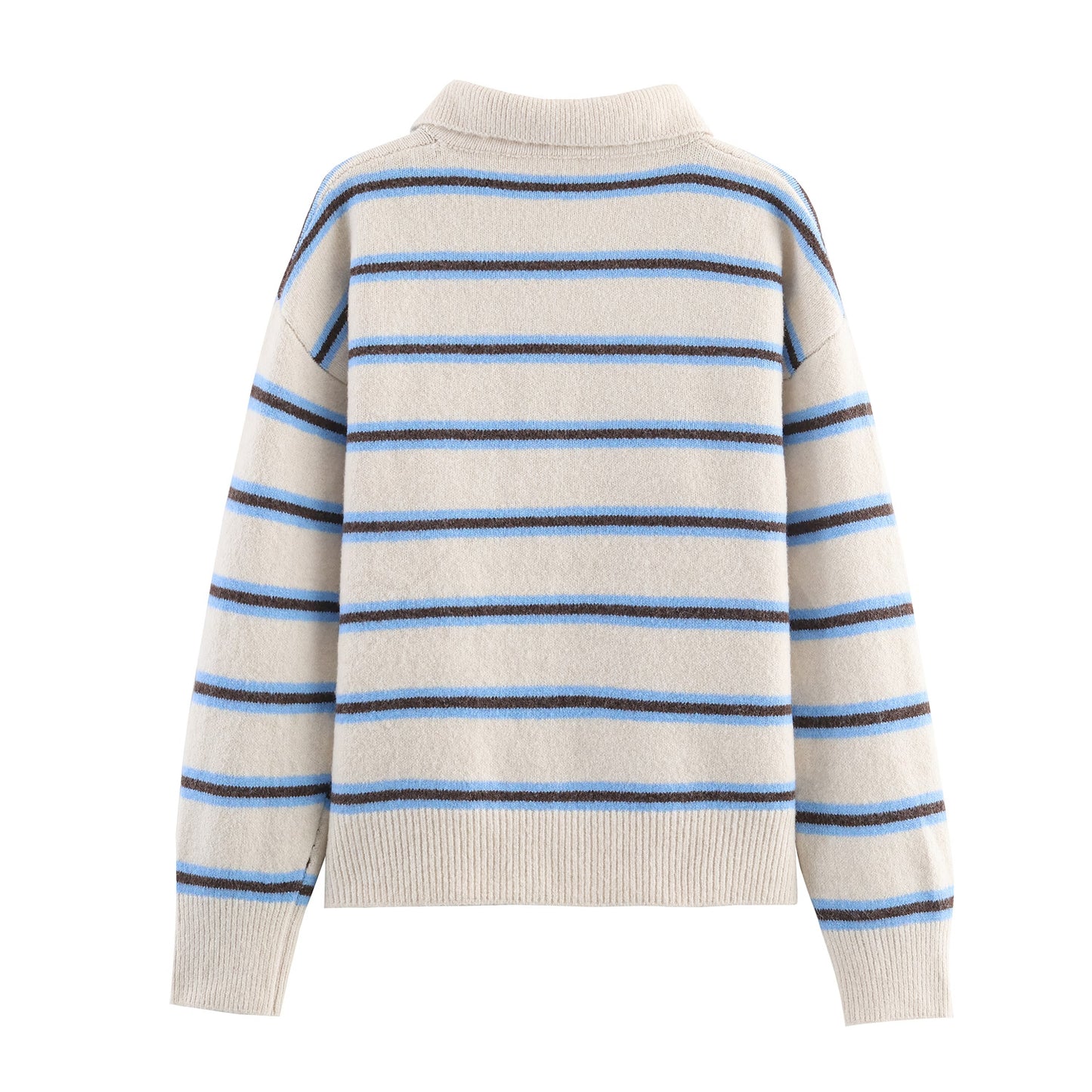 Back view of Malbusaat striped polo knit pullover for women in cream with blue stripes