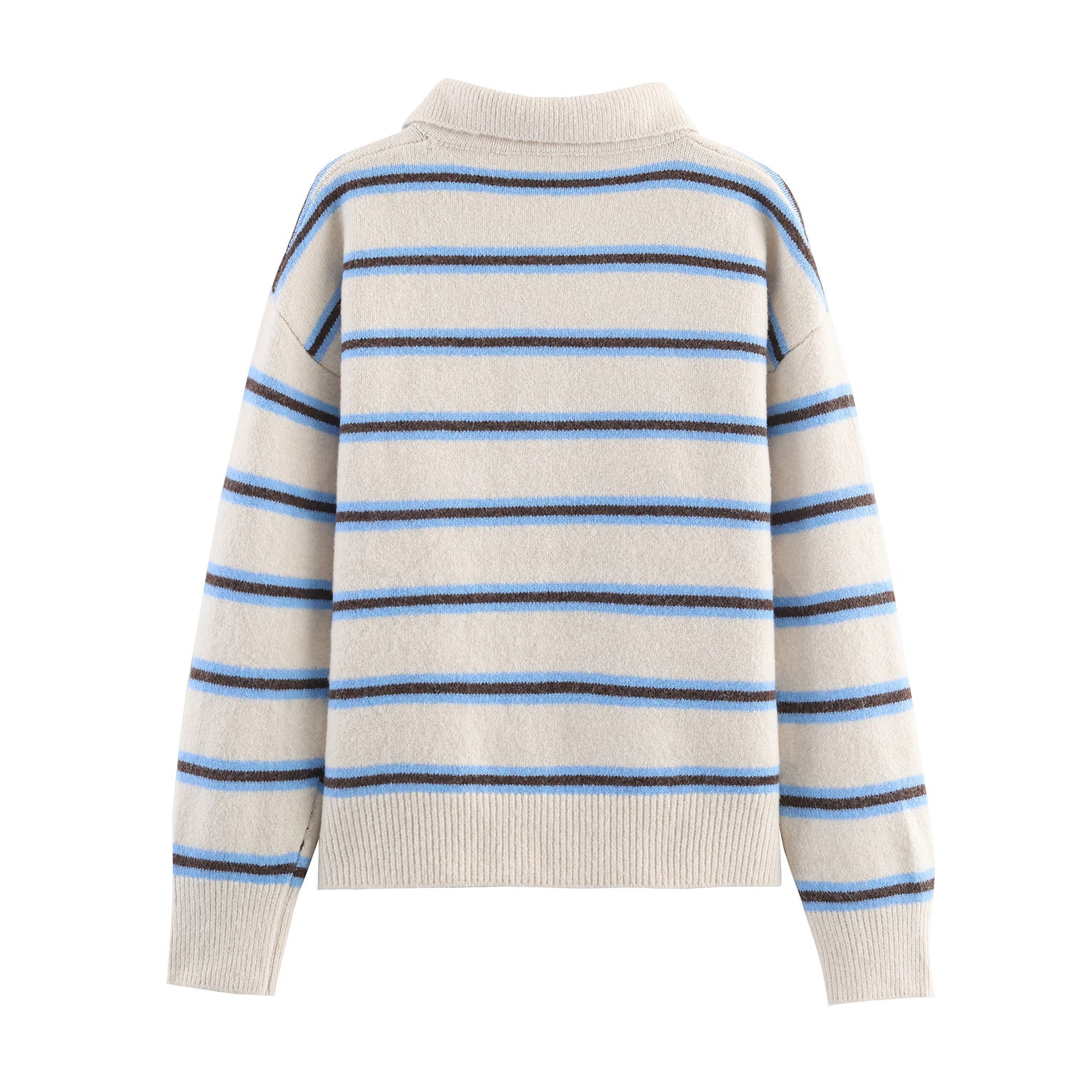 Back view of Malbusaat striped polo knit pullover for women in cream with blue stripes