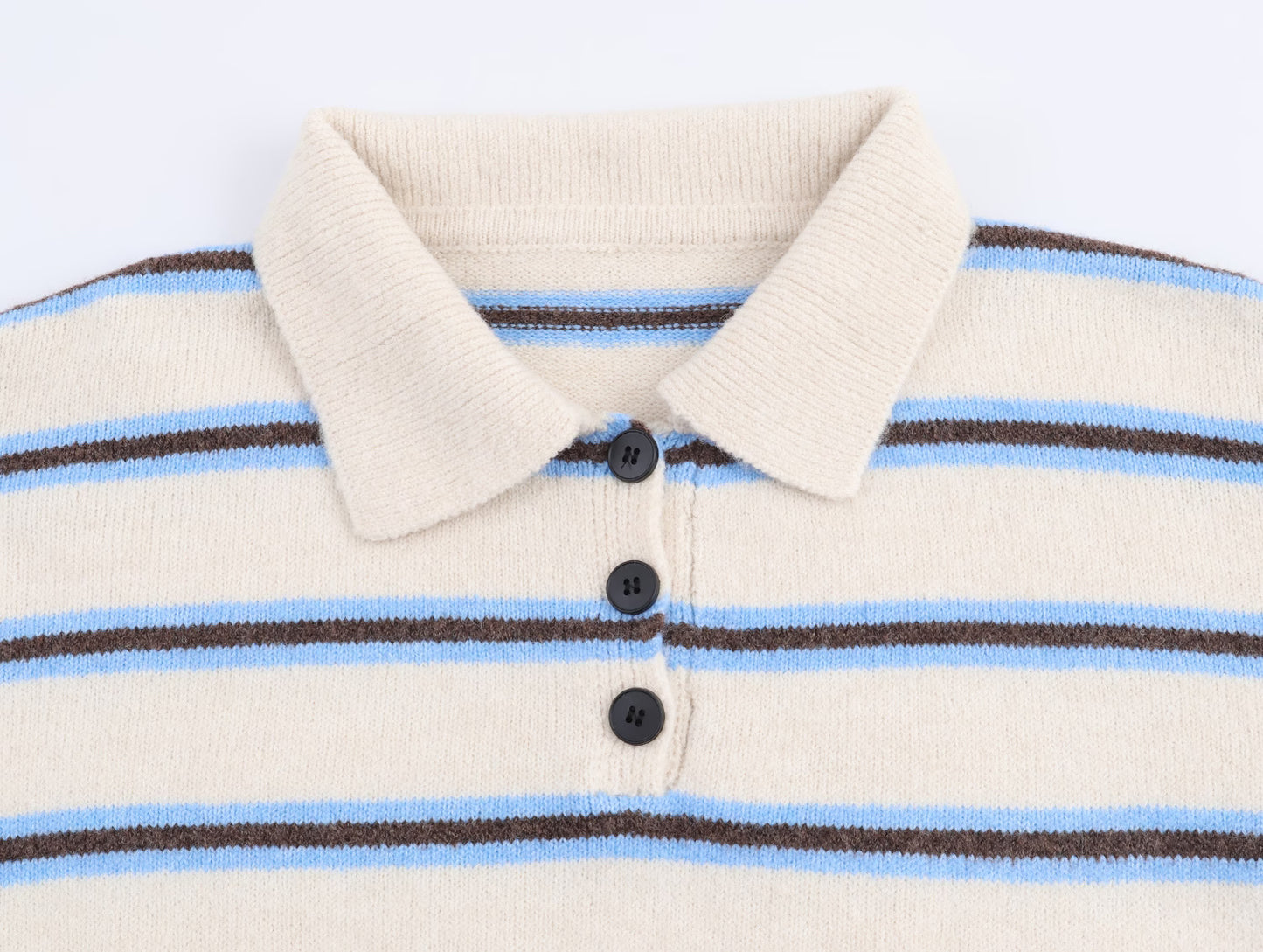 Striped polo knit pullover for women in cream with blue and brown stripes and a classic collar