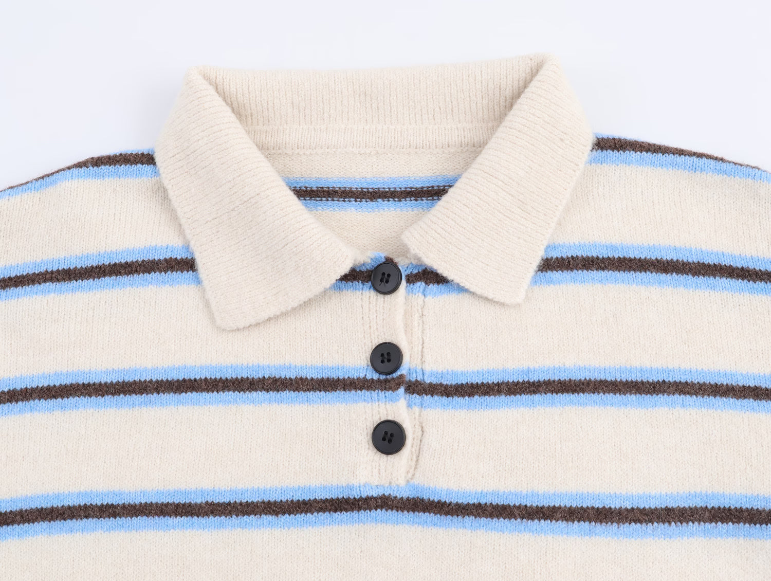Striped polo knit pullover for women in cream with blue and brown stripes and a classic collar