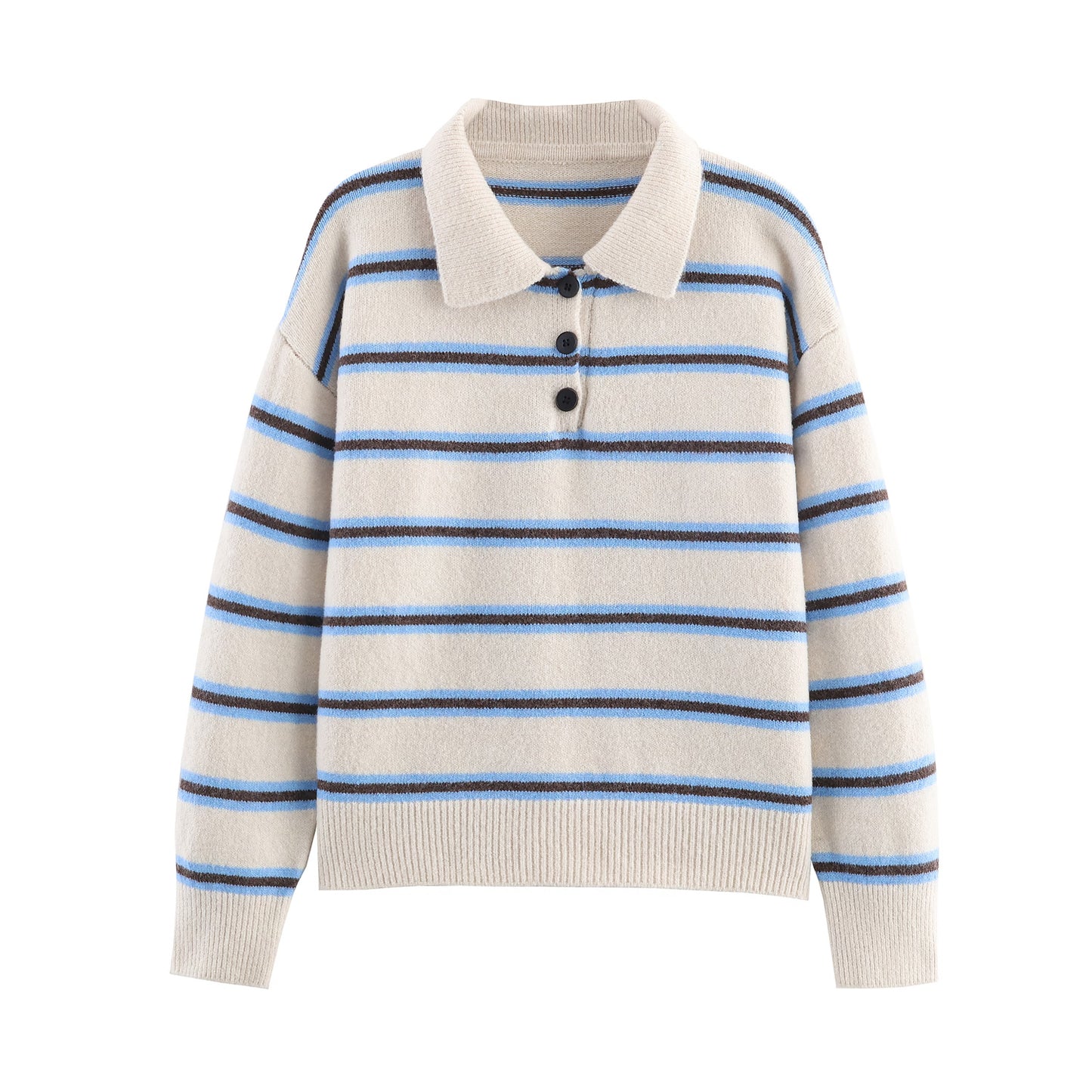Malbusaat striped polo knit pullover for women in cream and blue stripes with button details