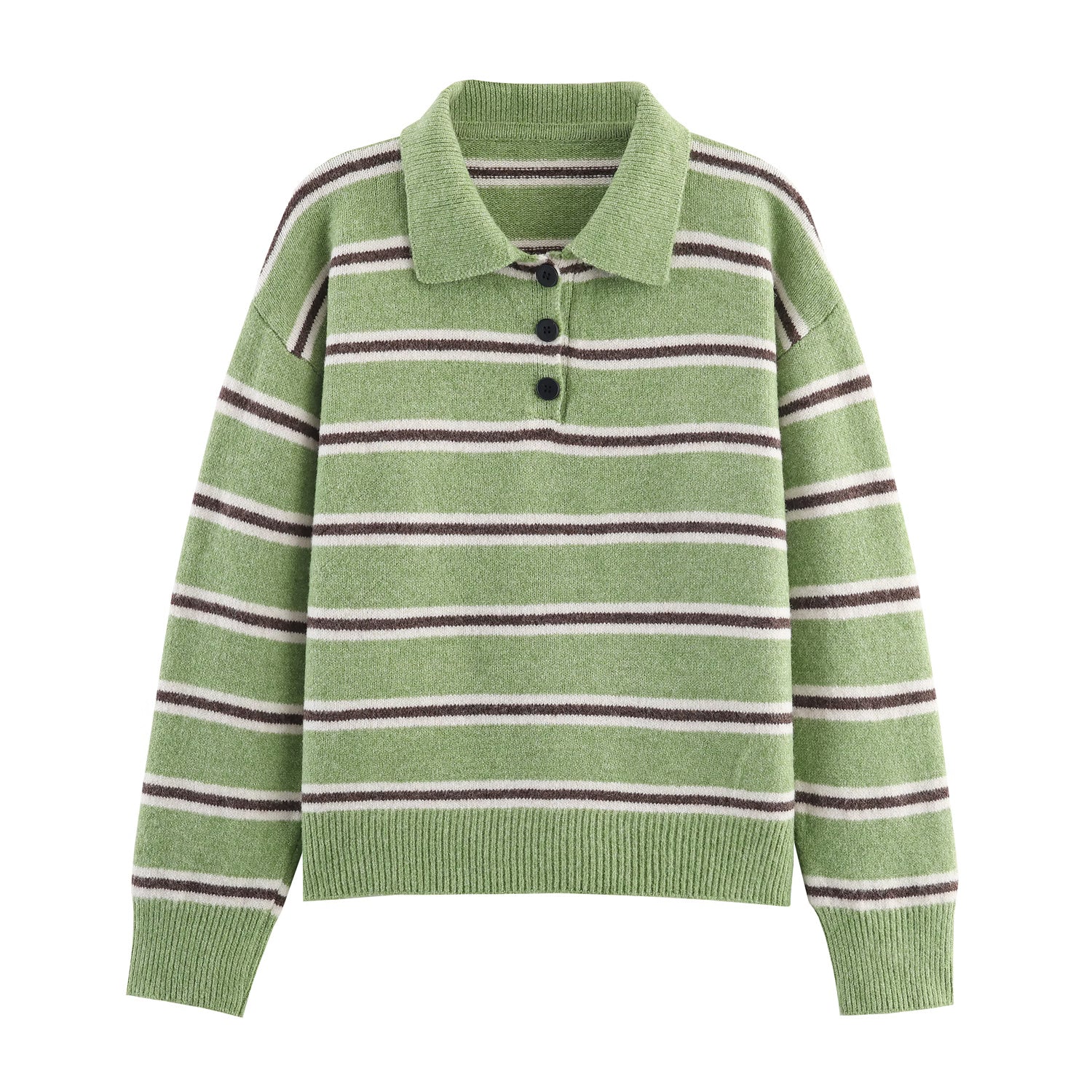 Striped polo knit pullover for women in green and white with button detailing