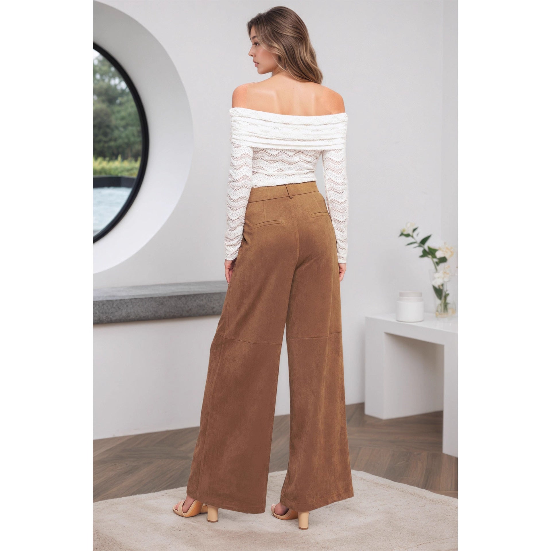 Malbusaat suede wide leg trousers women in brown with a stylish off-shoulder top, showcasing a modern outfit