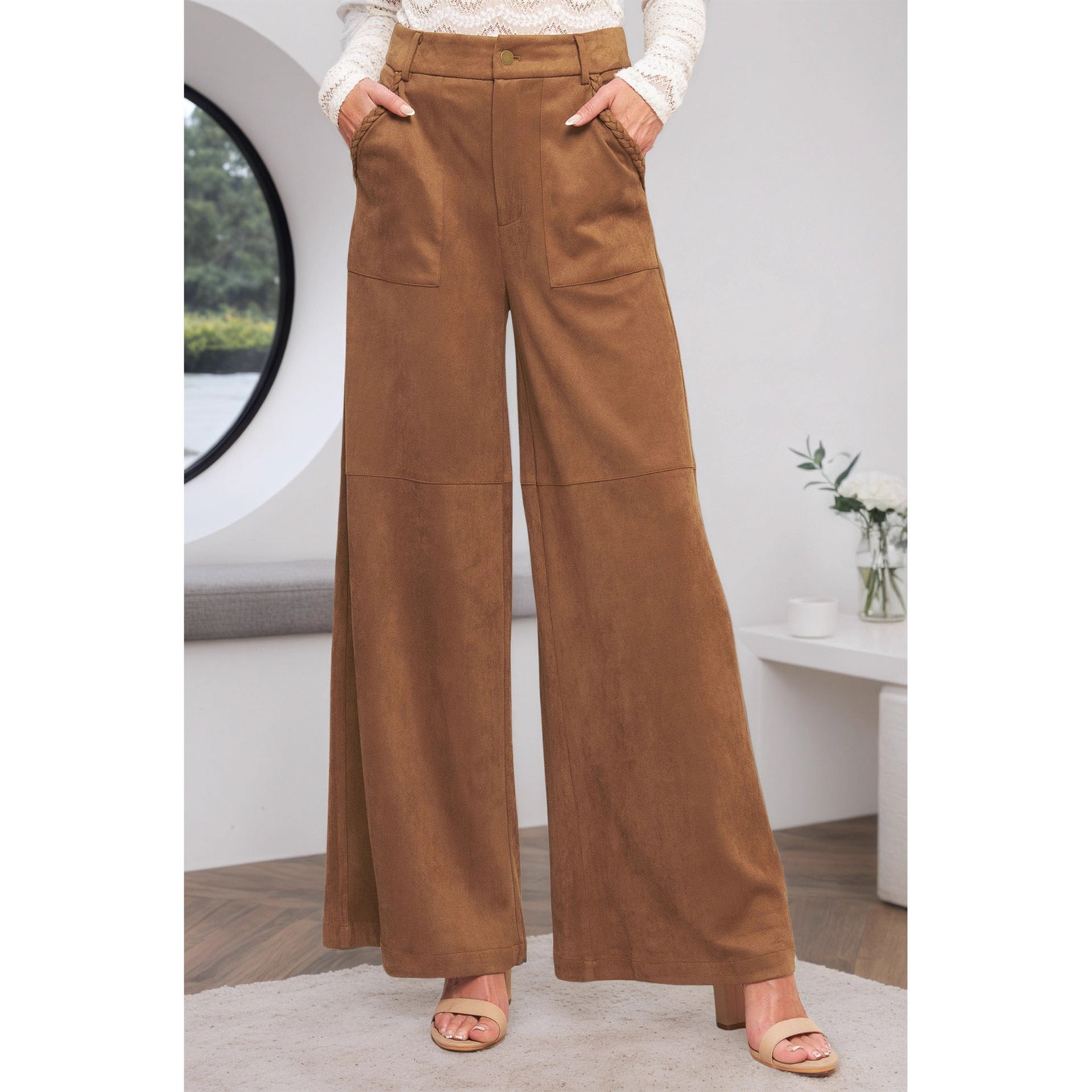 Malbusaat suede wide leg trousers women in brown with side pockets and a relaxed fit