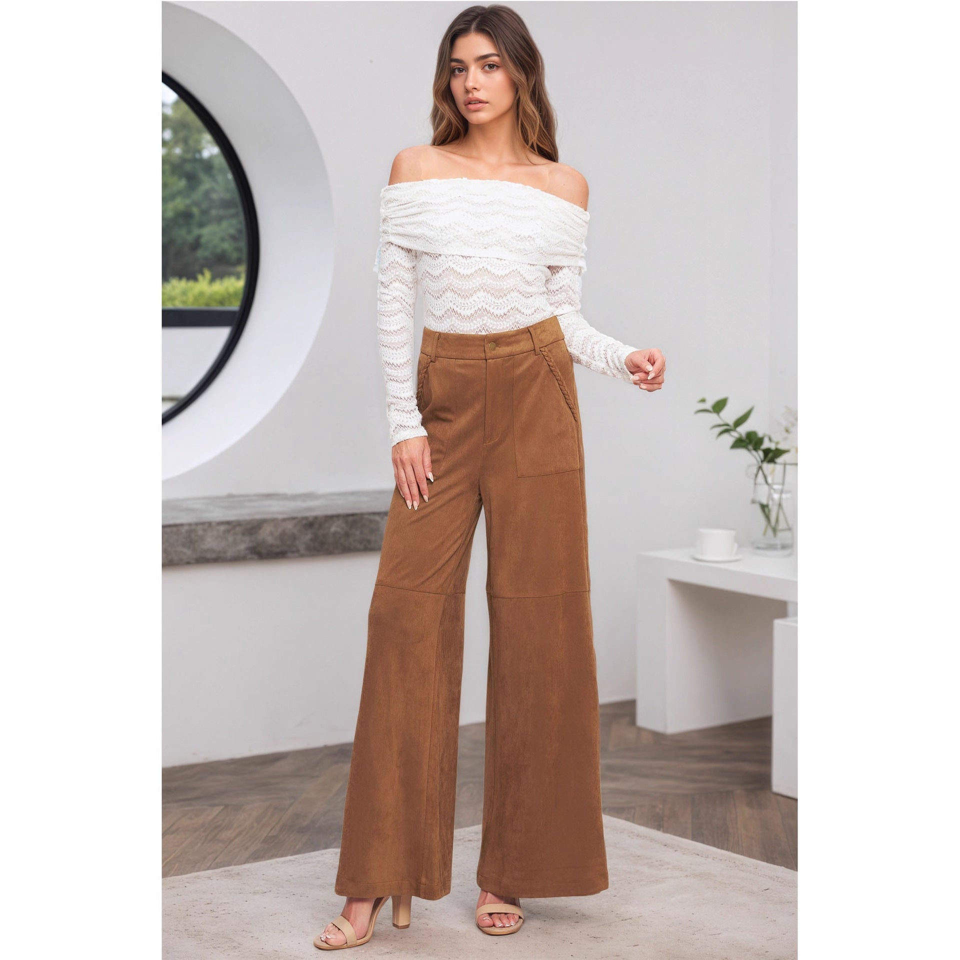 Malbusaat suede wide leg trousers women in brown, styled with a white off-shoulder top for a chic look