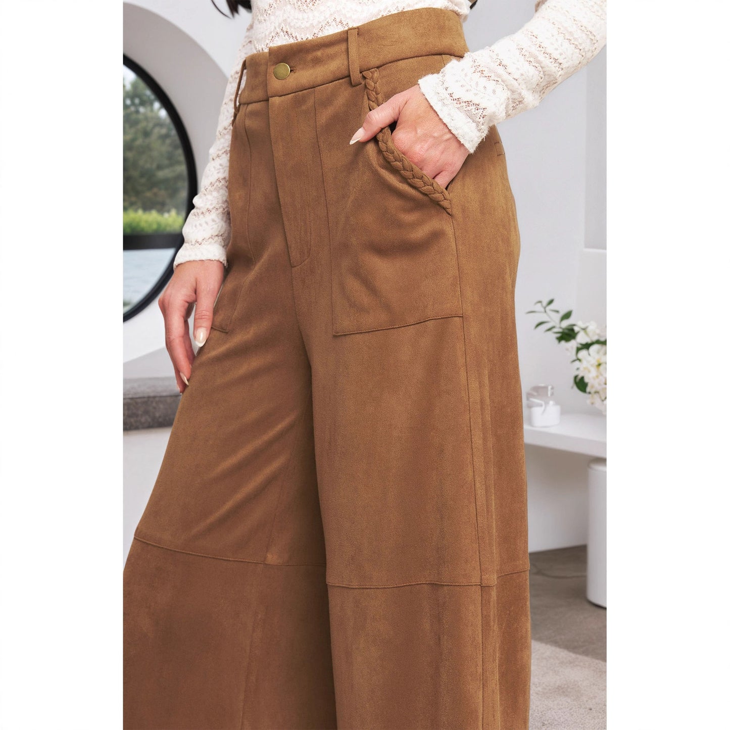 Brown suede wide leg trousers women with a comfortable fit and stylish pockets