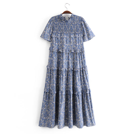 Malbusaat blue floral summer maxi dress for women with tiered ruffles and short sleeves
