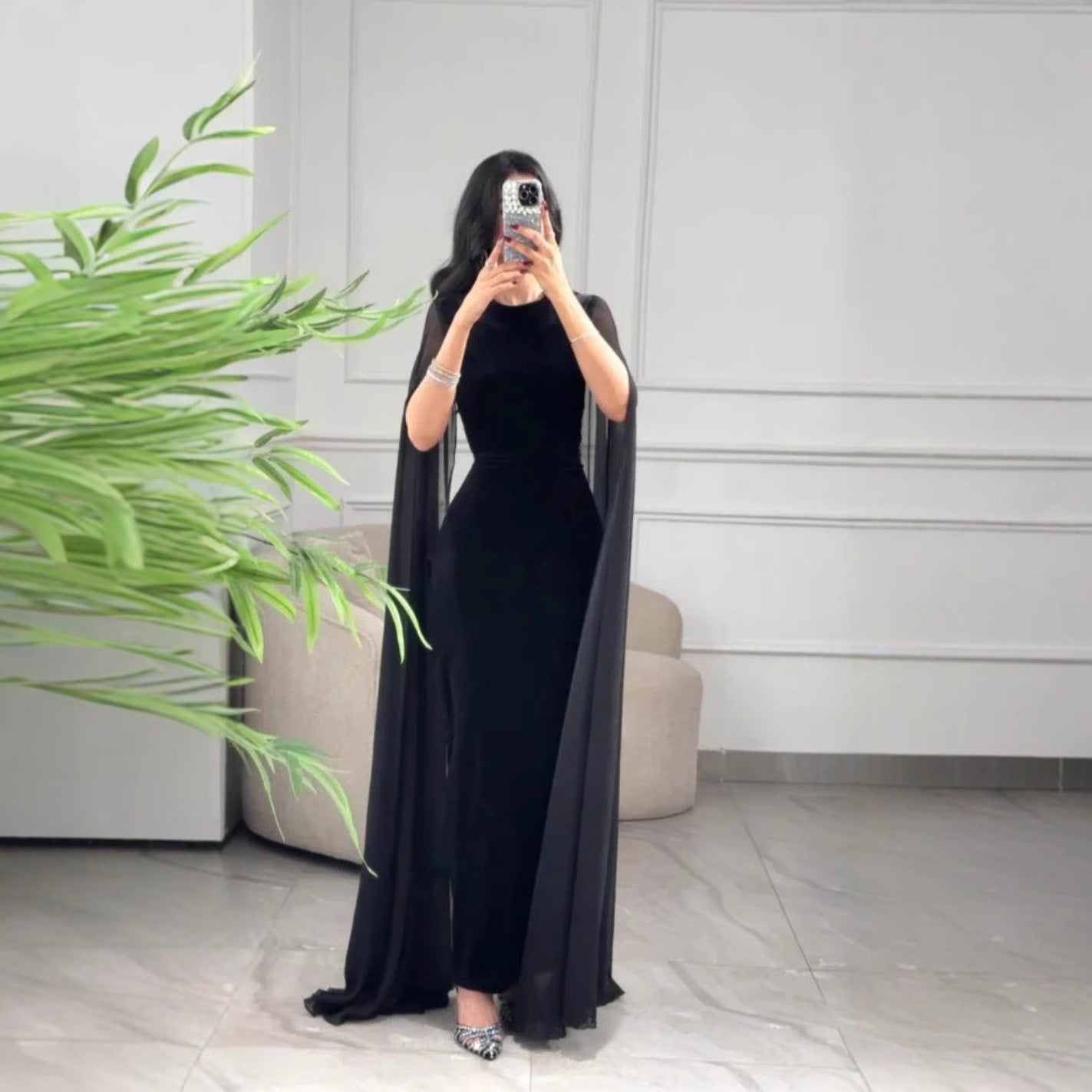 Elegant Malbusaat velvet sheath maxi dress UK with flowing cape detail, perfect for formal occasions