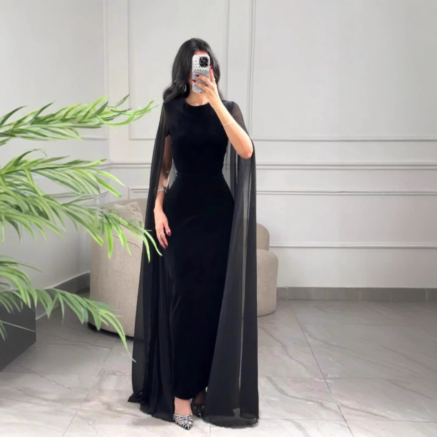 Elegant Malbusaat velvet sheath maxi dress UK with flowing cape details for chic occasions