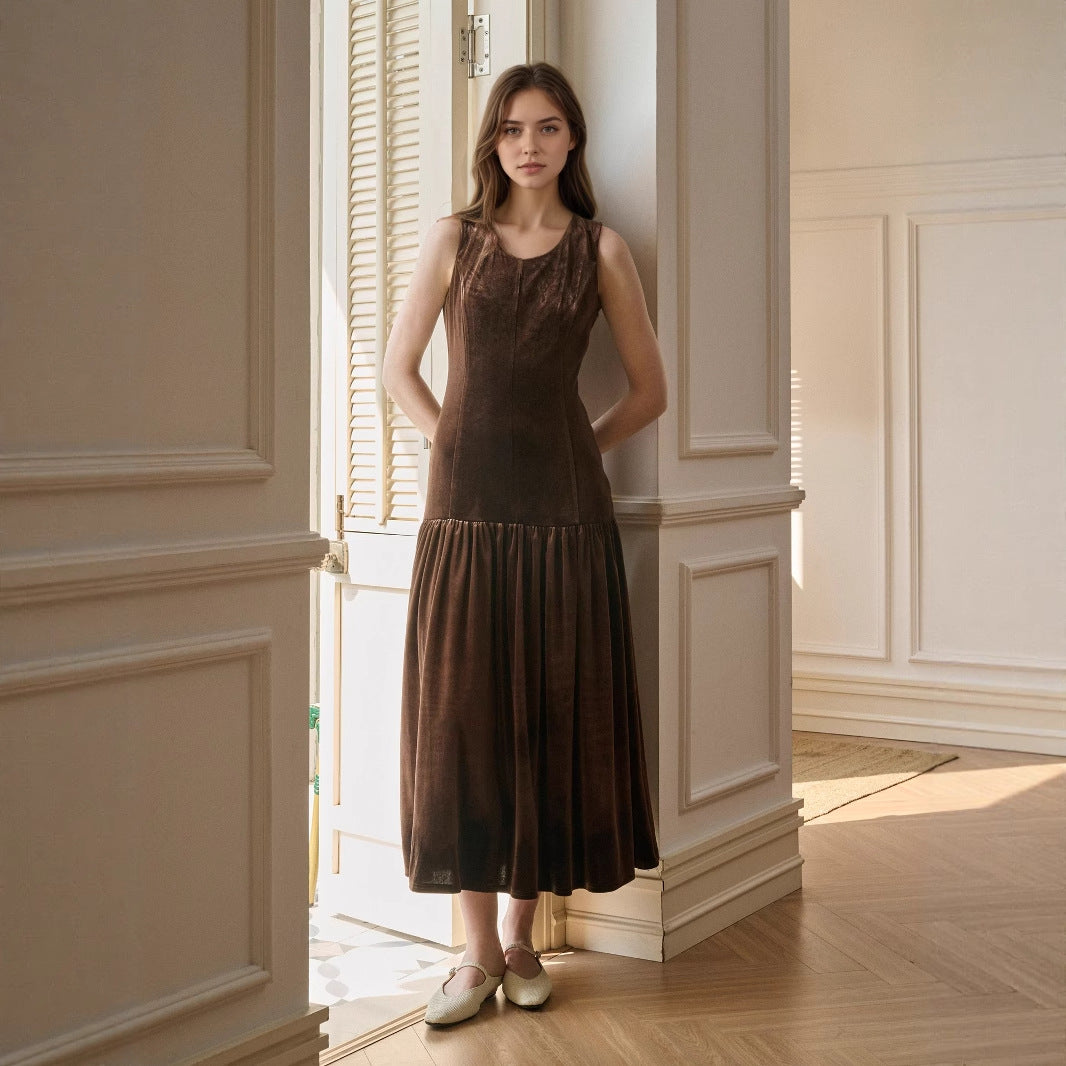Malbusaat velvet sleeveless midi dress in rich brown with a flowing skirt, perfect for elegant occasions