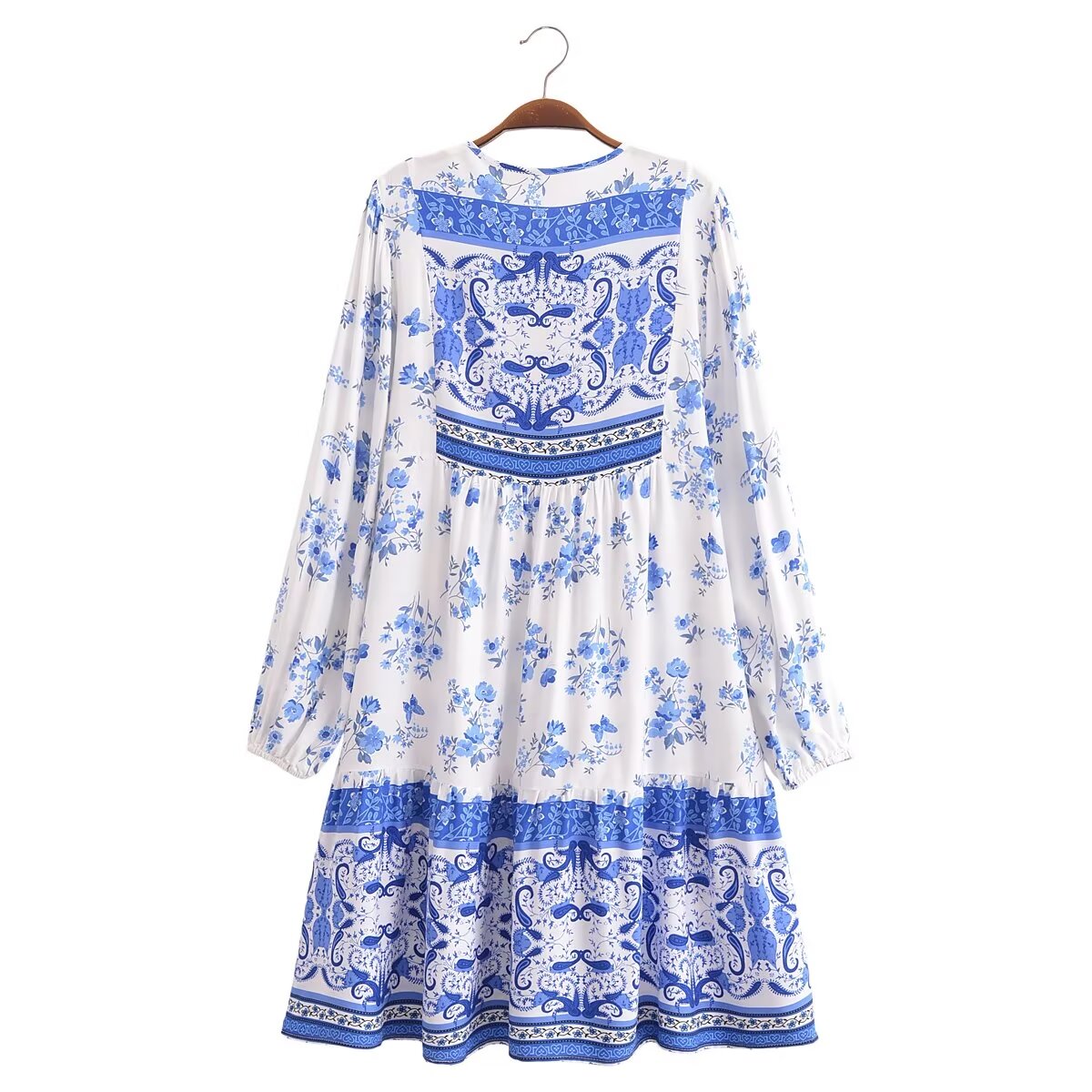 Malbusaat elegant puff sleeve spring midi dress with blue floral and ornate patterns on white fabric