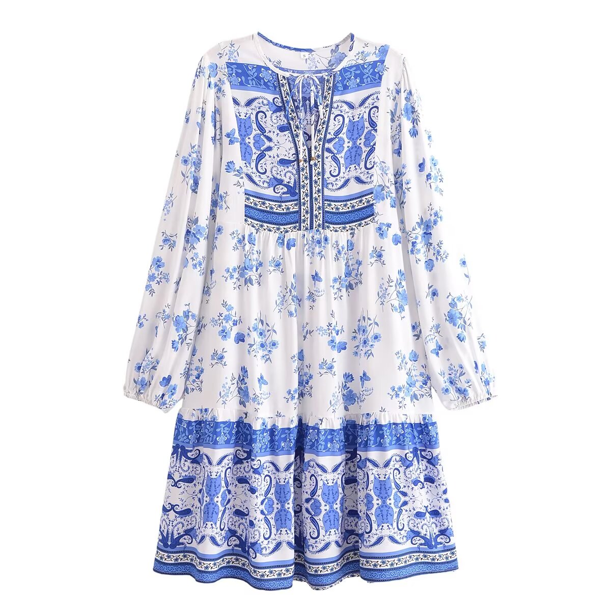 Malbusaat elegant puff sleeve spring midi dress with blue floral and paisley print on white fabric