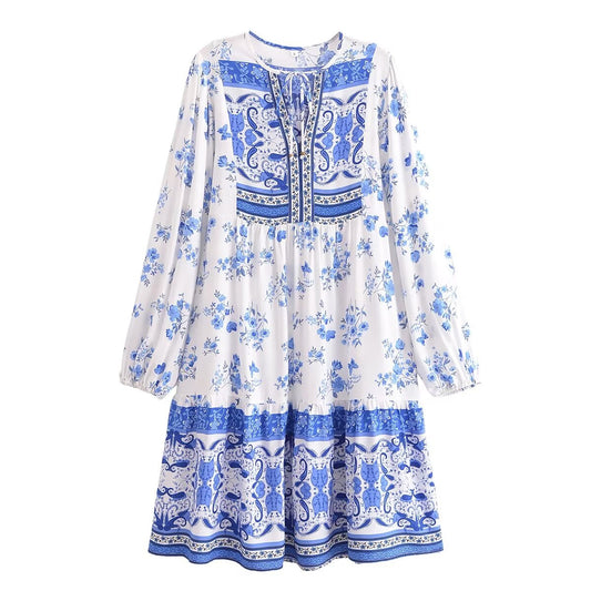 Malbusaat elegant puff sleeve spring midi dress with blue floral and paisley print on white fabric