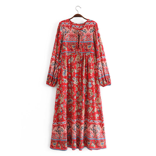 Malbusaat long sleeve floral dress for women in red with blue and beige flower patterns