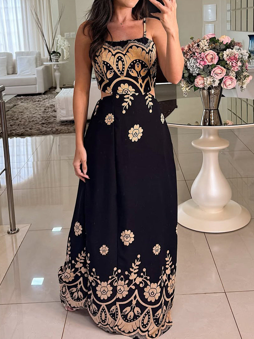 Elegant vintage strap printed maxi dress with floral patterns, perfect for summer outings