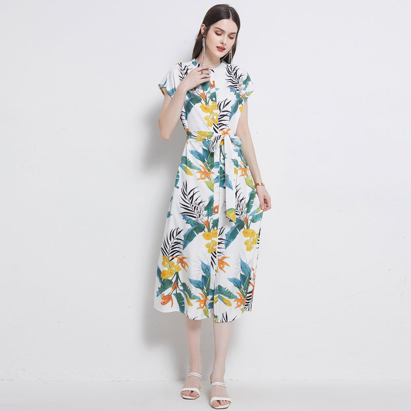 Malbusaat women's floral A line midi dress with vibrant tropical print and short sleeves