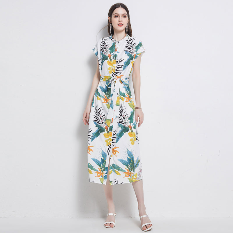 Malbusaat women's floral A line midi dress with colourful tropical leaf and flower print