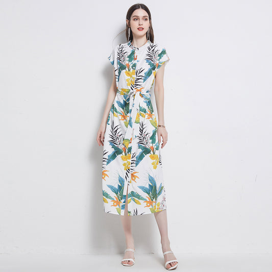 Malbusaat women's floral A line midi dress with colourful tropical leaf and flower print