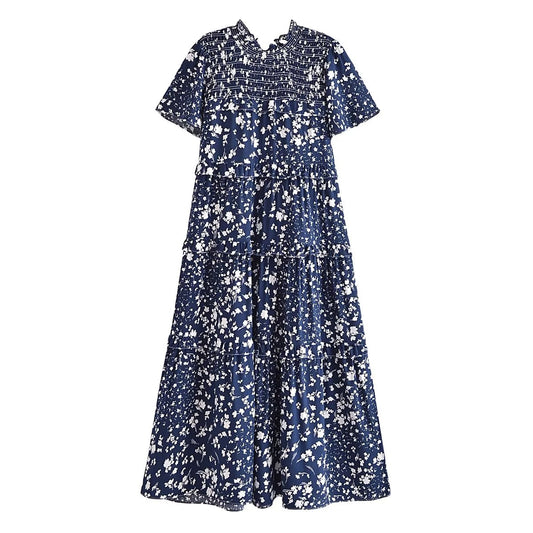 Malbusaat women's summer floral dress in navy blue with white flower patterns and short sleeves
