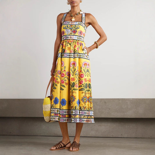 Malbusaat printed midi dress with pockets in yellow floral design with straps and casual sandals