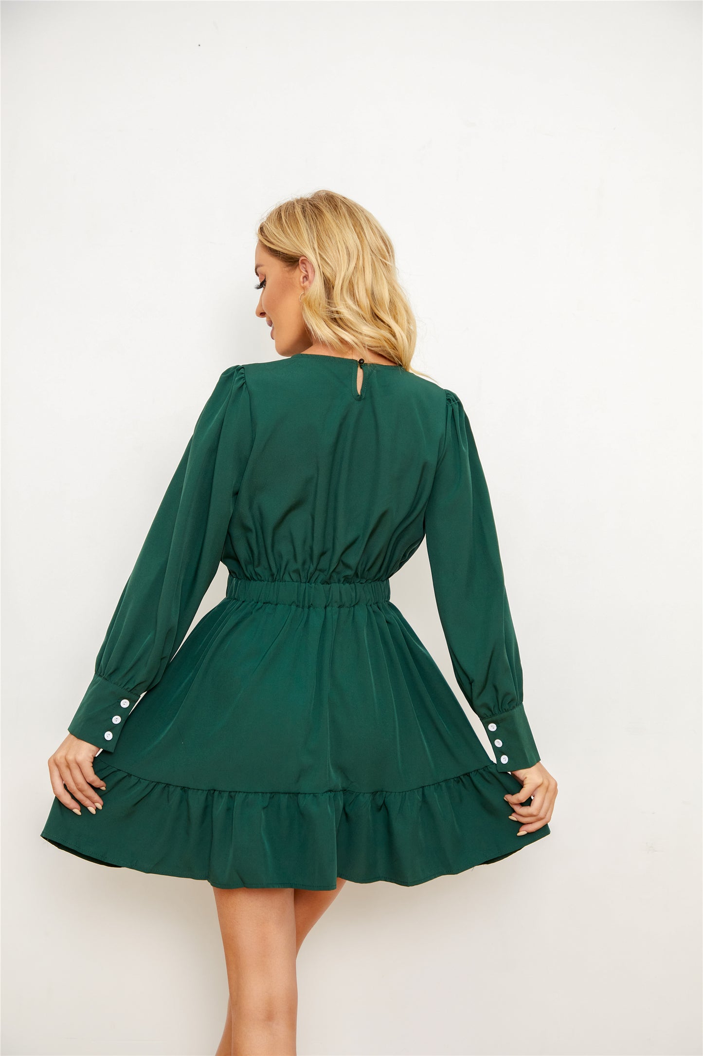 Solid Color Long Sleeve Ruffled Dress - a line dresses - ruffled - ruffled dresses - malbusaat.co.uk