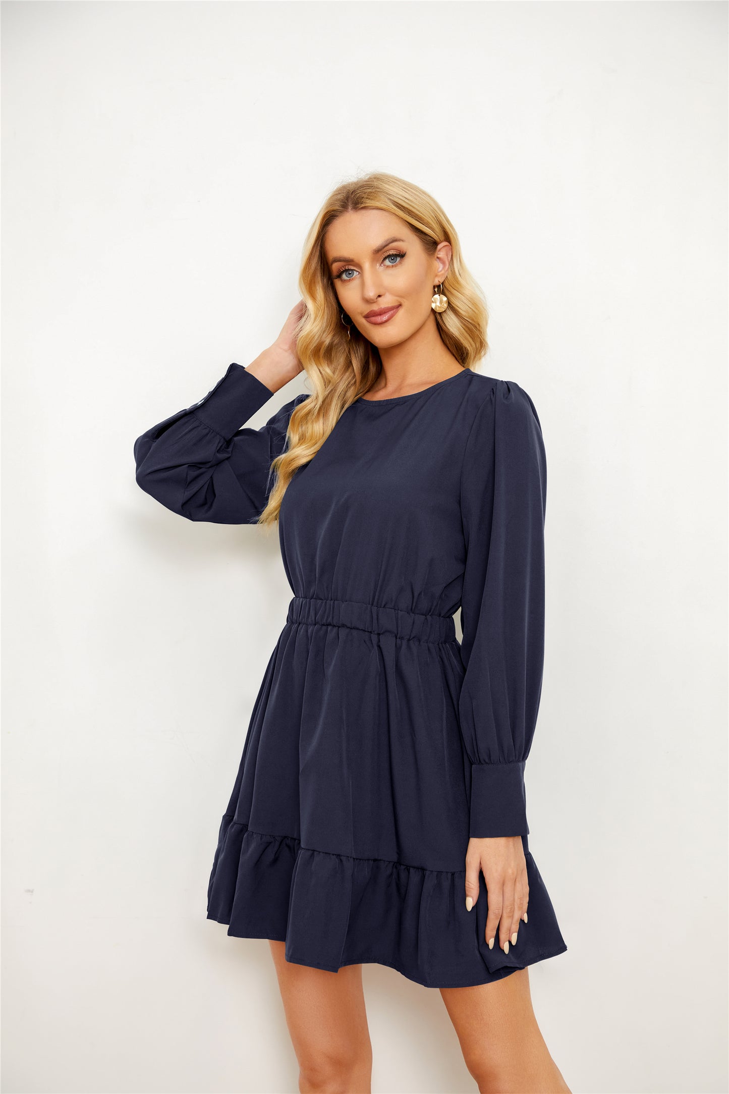 Solid Color Long Sleeve Ruffled Dress - a line dresses - ruffled - ruffled dresses - malbusaat.co.uk