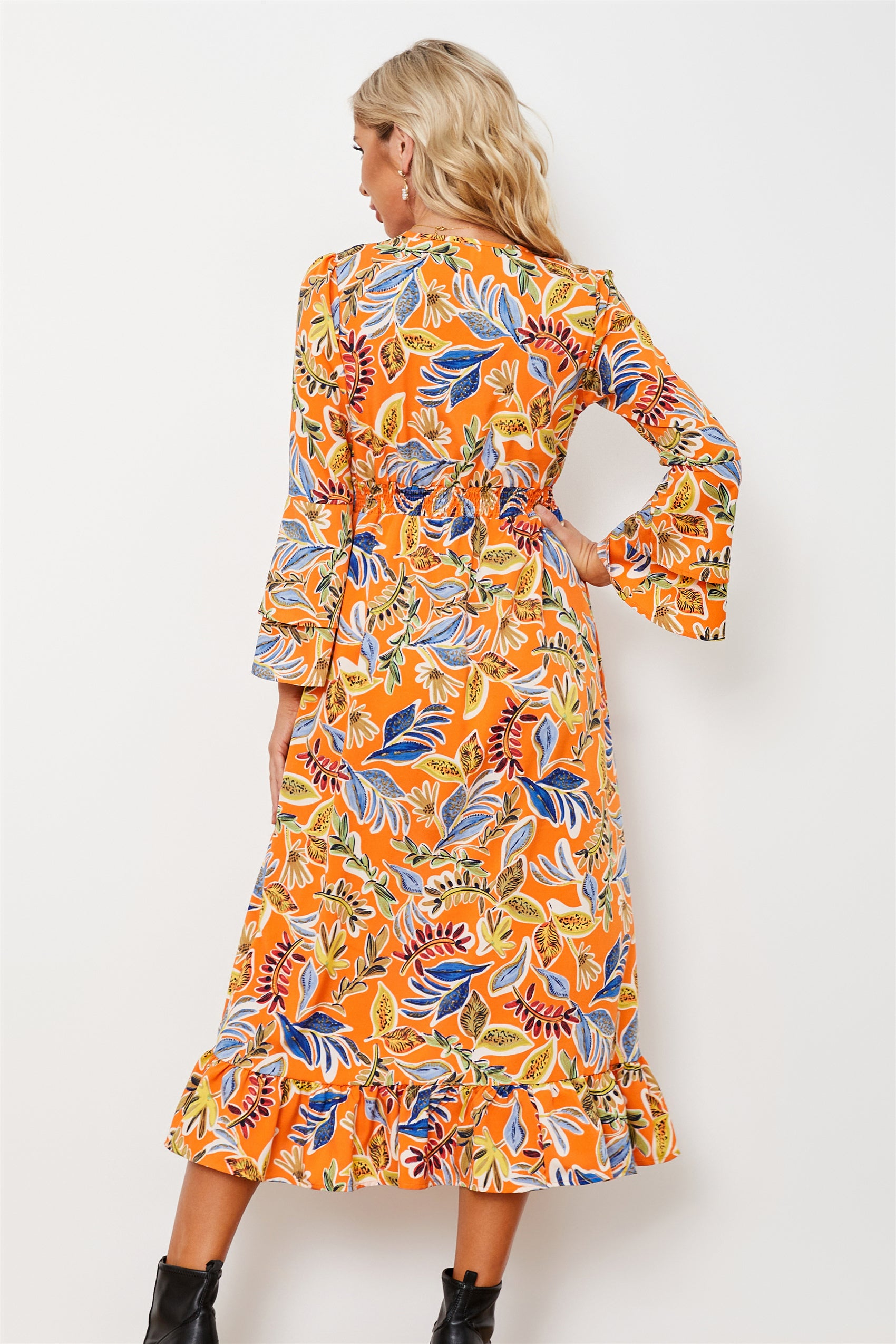 Long Sleeve Floral Split Dress - a line dresses - ruffled dresses - split dresses - malbusaat.co.uk