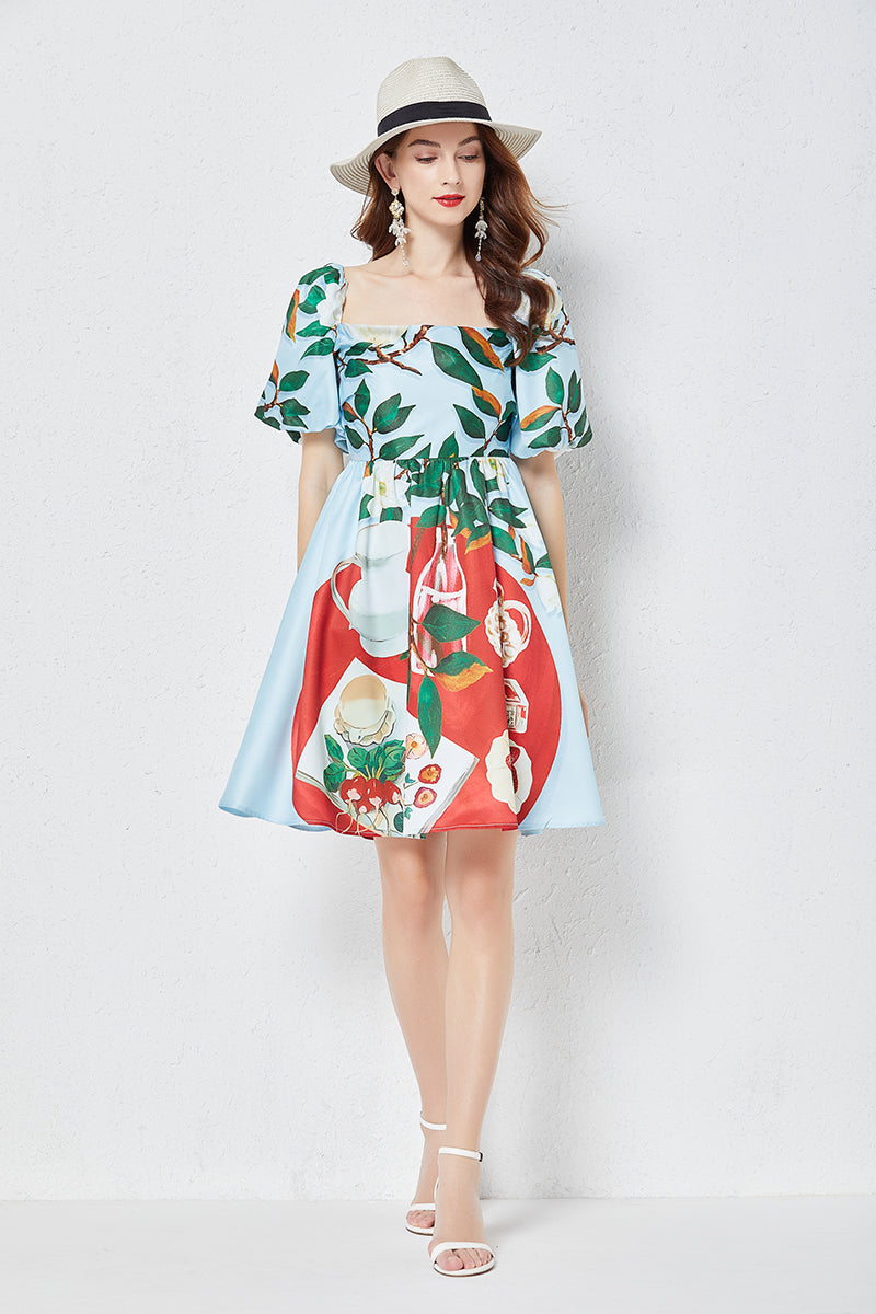 Square Neck Puff Sleeve Floral Dress - a line dresses - floral dresses - summer dresses - malbusaat.co.uk